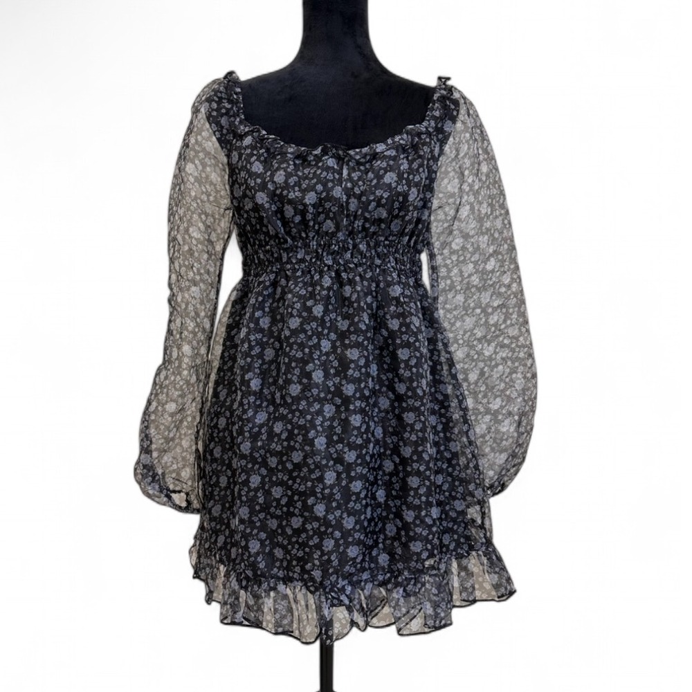 All In Favor Nordstrom Black Blue Floral Sheer Long Sleeve‎ Short Dress Ruffle M
